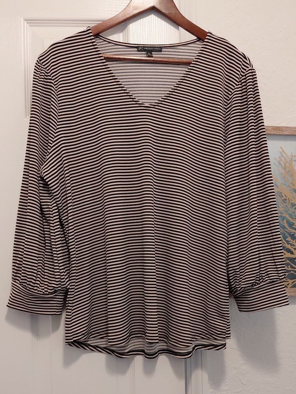 Adrianna Papell Black and Lavender Cream Striped V-Neck Long Sleeve Top